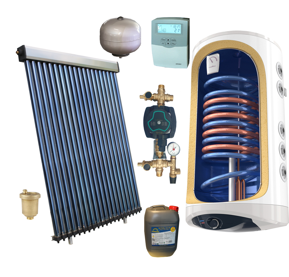 panou solar, boiler solar 150 litri, grup de pompare, automatizare, aerisitor, antigel