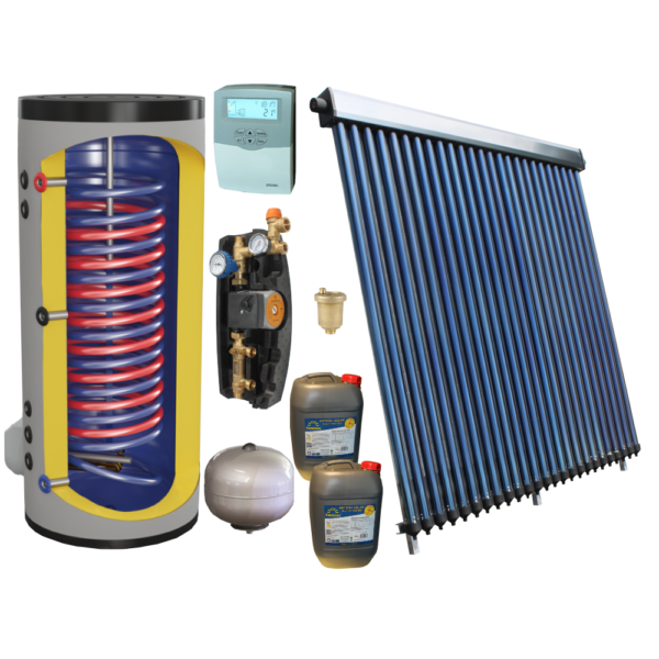 panouri solare apa calda, boiler cu doua serpentine 200 litri, automatizare, grup de pompare, aerisitor, antigel