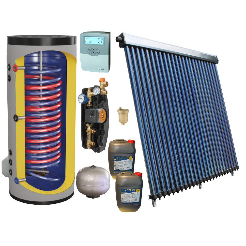 panouri solare apa calda, boiler cu doua serpentine 200 litri, automatizare, grup de pompare, aerisitor, antigel