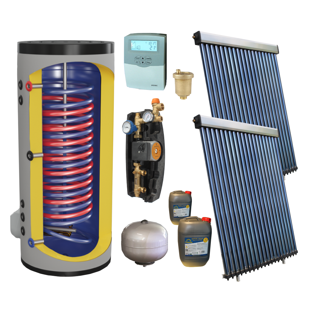 panouri solare, boiler cu doua serpentine 300 litri, automatizare, grup de pompare, aerisitor, antigel