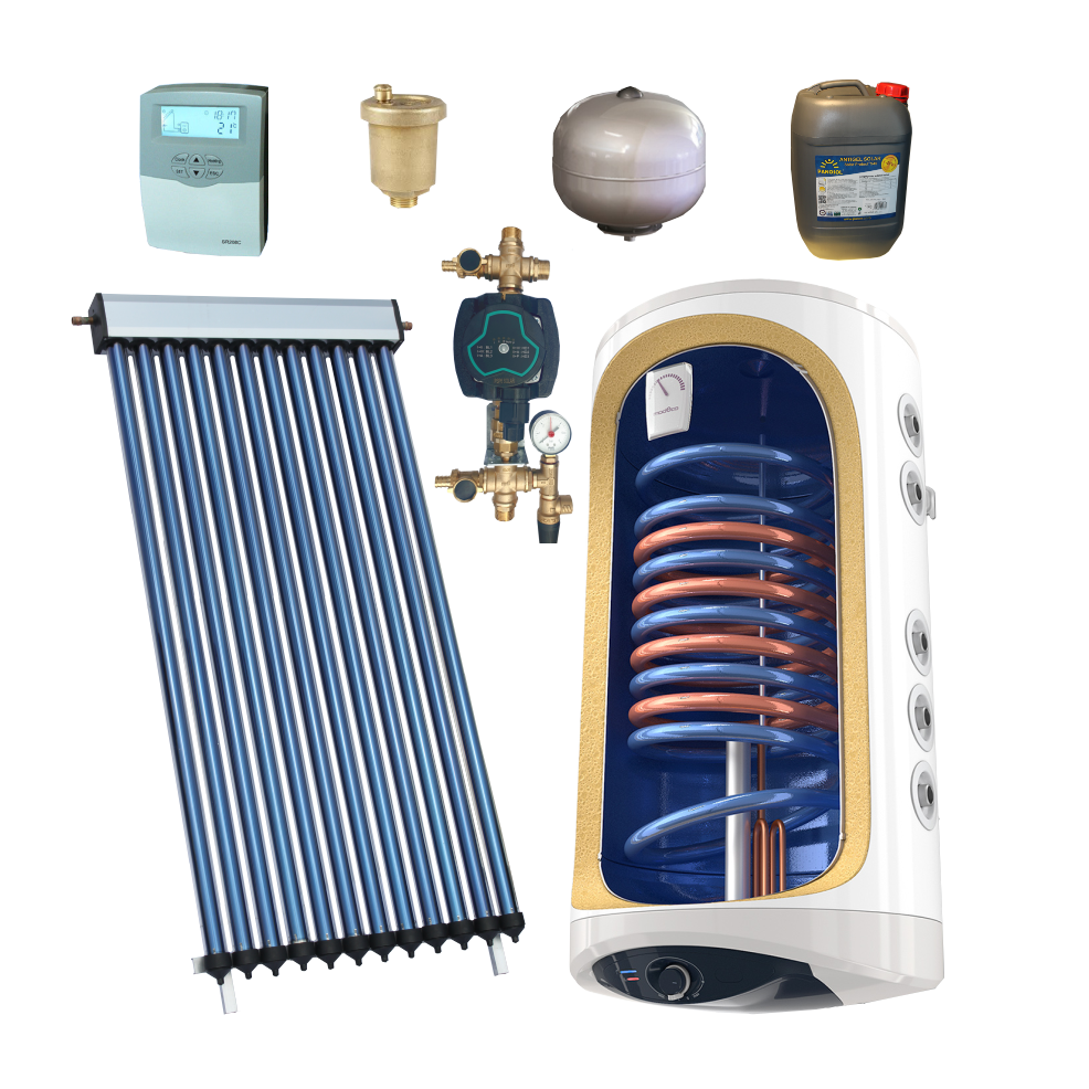 panou solar, boiler solar 120 litri, grup de pompare, automatizare, aerisitor, antigel