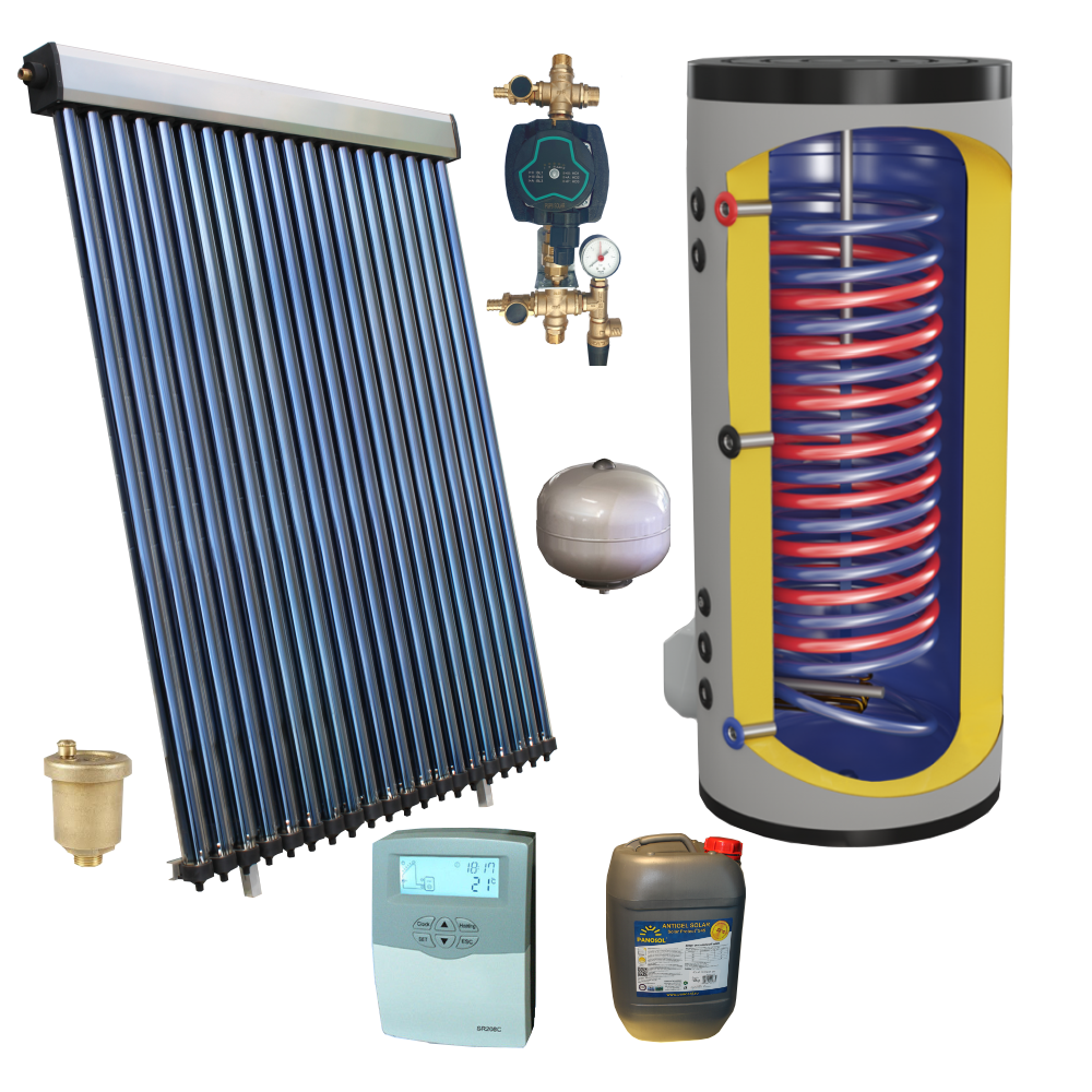 panou solar, boiler solar 150 litri, grup de pompare, automatizare, aerisitor, antigel